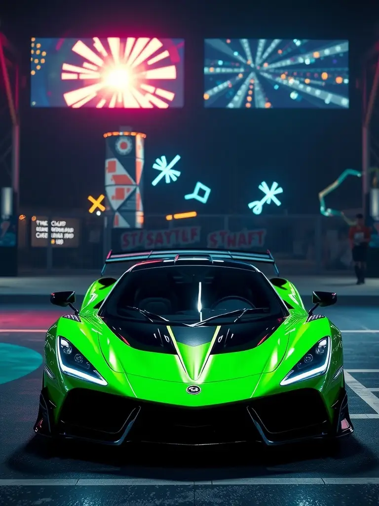 A Lotus Evija in neon green paint, highlighted against a vibrant city backdrop.