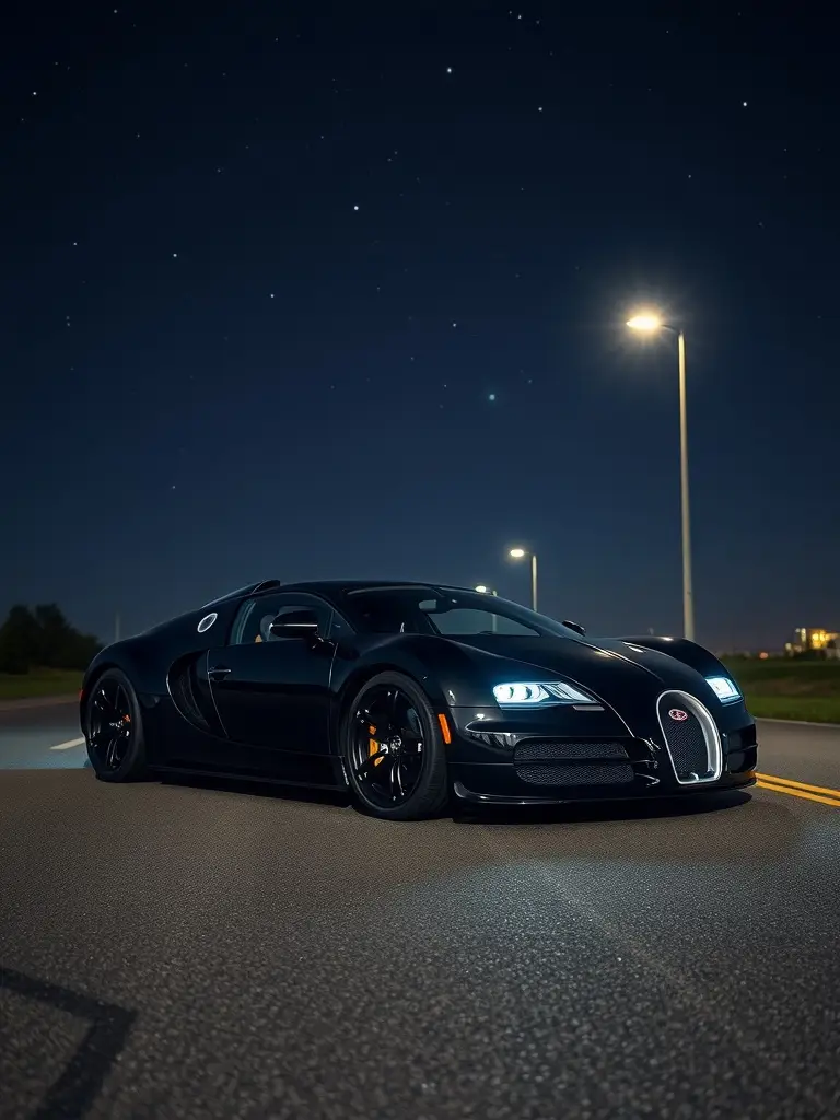 Bugatti Veyron Super Sport parked on a road at night, blending into the dark surroundings.