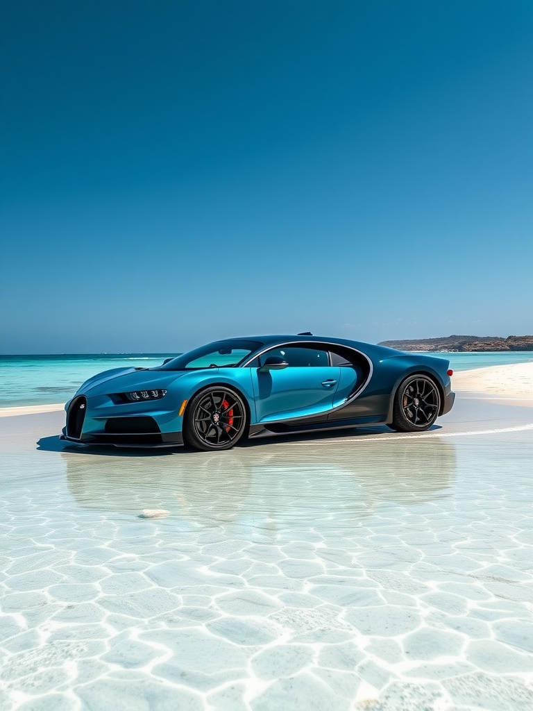 Bugatti Chiron in ocean blue color by the coastal waters.