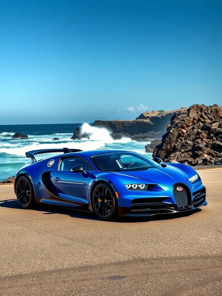 A Bugatti Veyron Super Sport in ocean blue parked near the sea, blending with the coastal scenery.