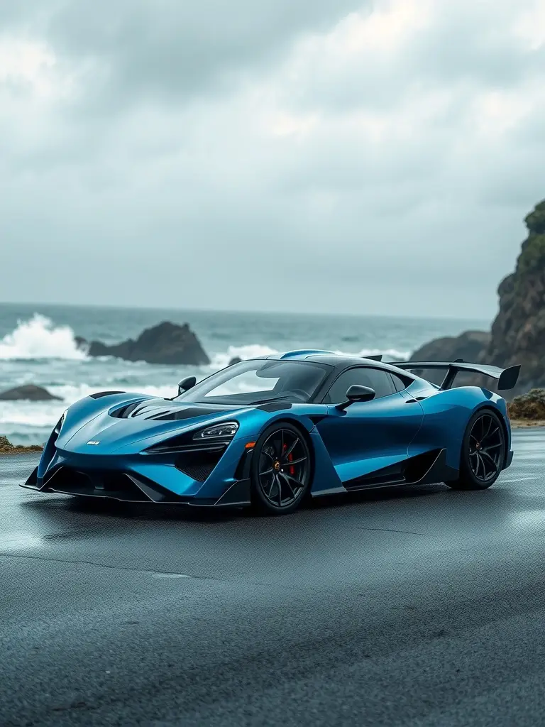 Ocean Blue Hennessy Venom F5 parked by the seaside with waves in the background.