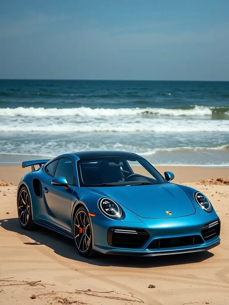 Porsche 911 Turbo S in ocean blue matte parked on the beach