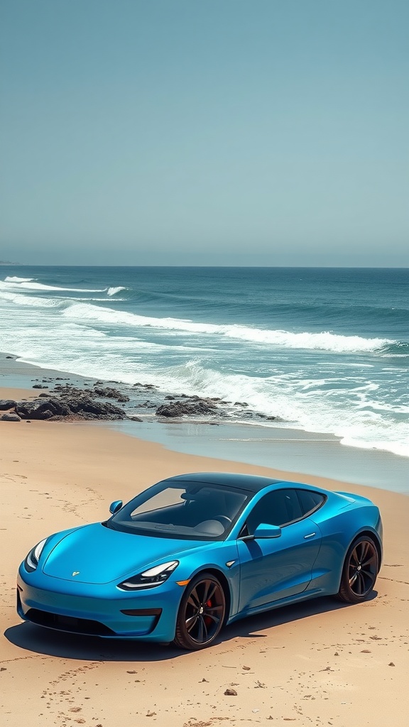 Ocean Blue Tesla Roadster parked on a sandy beach with ocean waves in the background