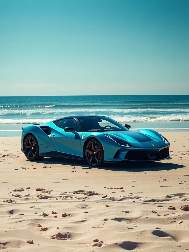 A Ferrari SF90 in ocean blue parked on a sandy beach with waves in the background.