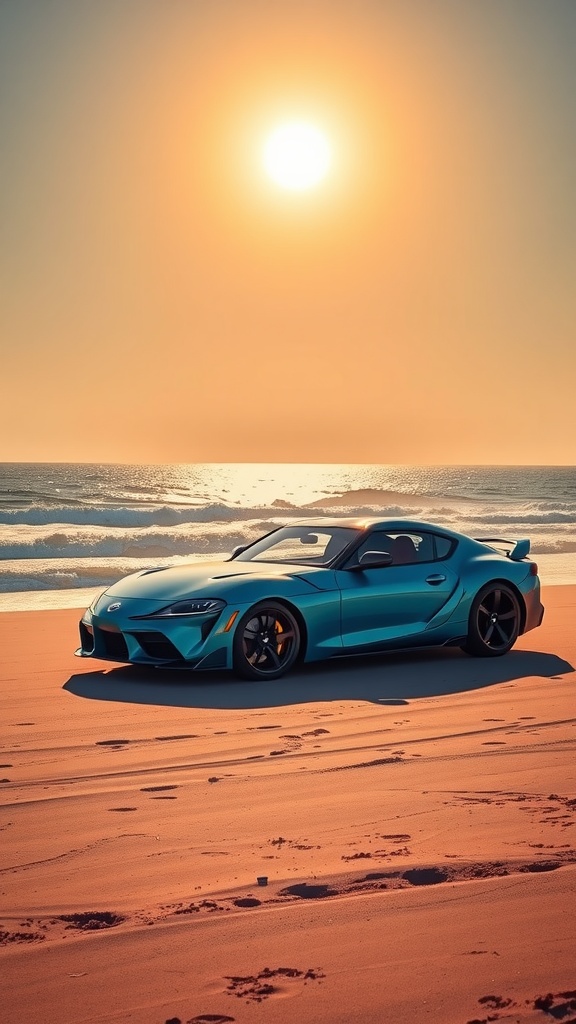 A blue Toyota Supra MK1 parked on the sandy beach with ocean waves in the background.