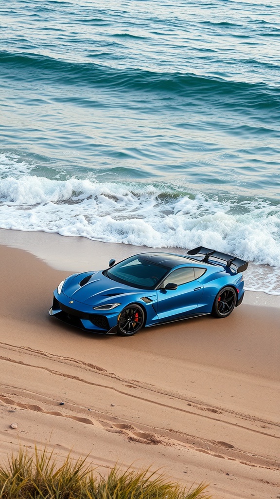 Ocean Blue Zenvo TSR-S parked by the seaside with waves in the background.