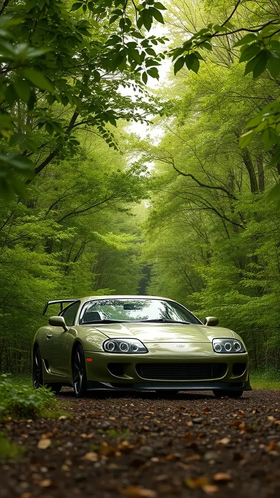 Toyota Supra MK1 in Olive Green parked on a forest path