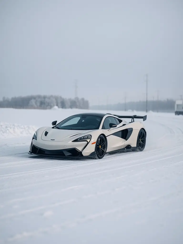 White McLaren driving in snowy conditions