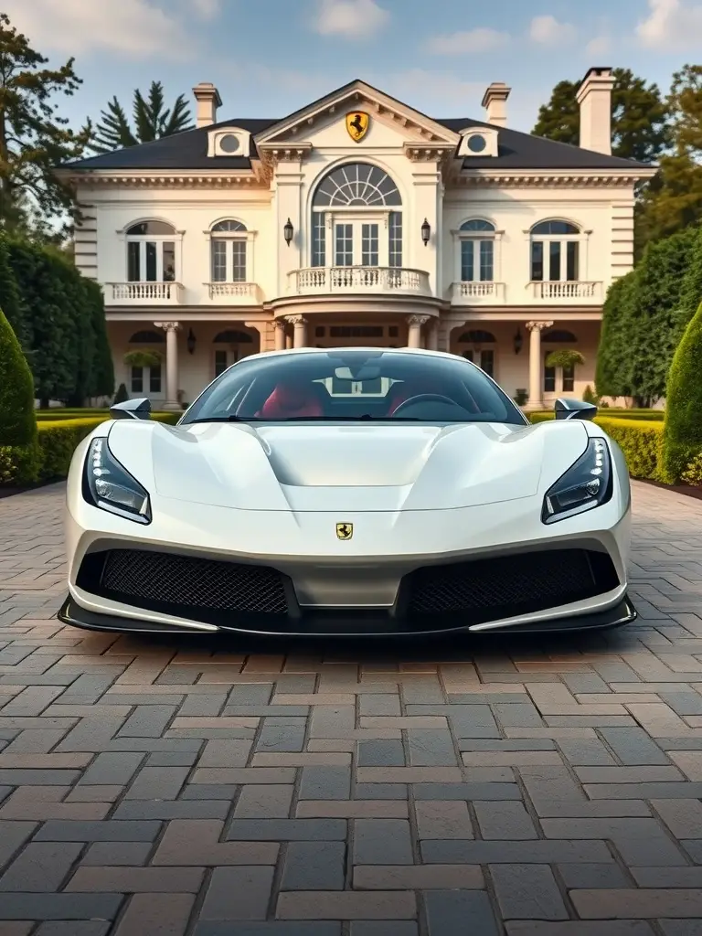 Ferrari SF90 in Pearl White parked in front of a luxury villa