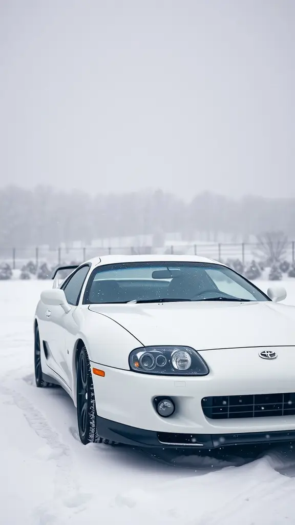 Pearl White Toyota Supra parked in a snowy landscape