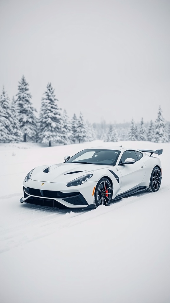 Pearl White Zenvo TSR-S parked in a snowy landscape with pine trees in the background.