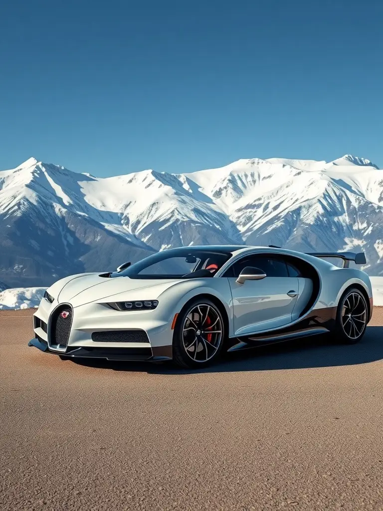 A pearlescent white Bugatti Chiron parked near snowy mountains under a clear blue sky.
