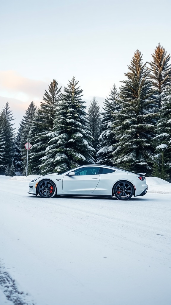 Tesla Roadster in pearlescent white parked in a snowy landscape with evergreen trees.