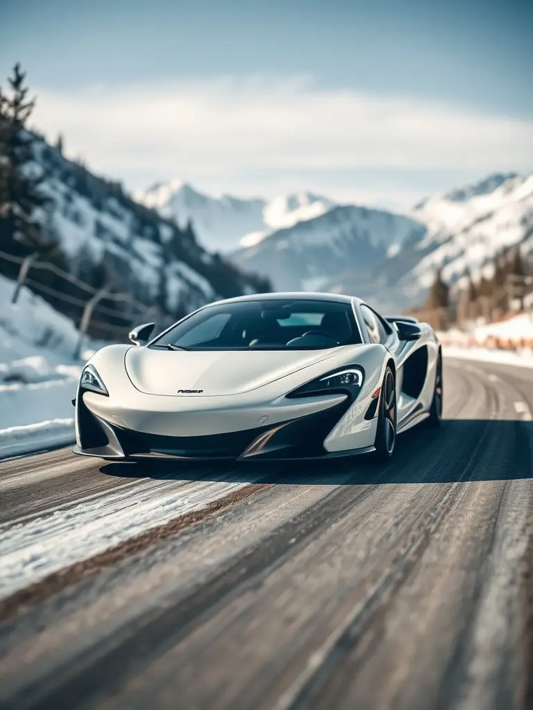 White McLaren driving on a snowy road with mountains in the background