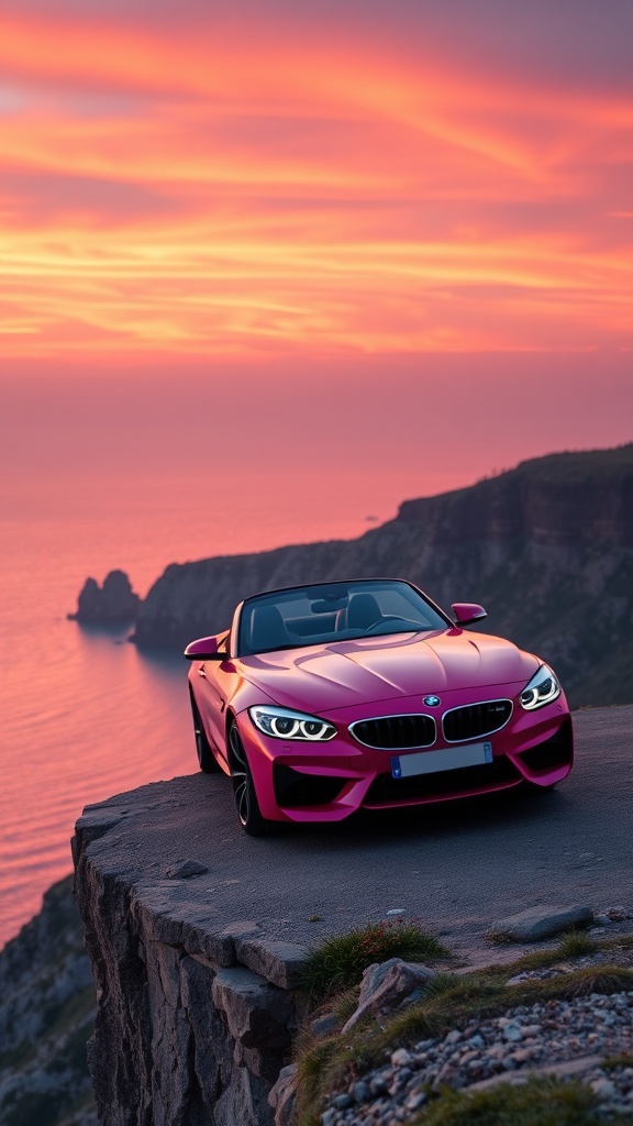 Pink BMW Z4 parked against a colorful sunset sky.