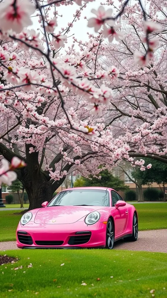 A pink Porsche 911 parked under blooming cherry blossom trees.