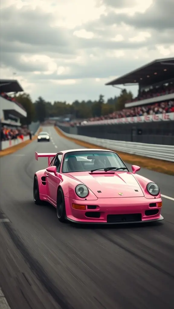 A pink Porsche 911 racing on a motorsport track with spectators in the background.
