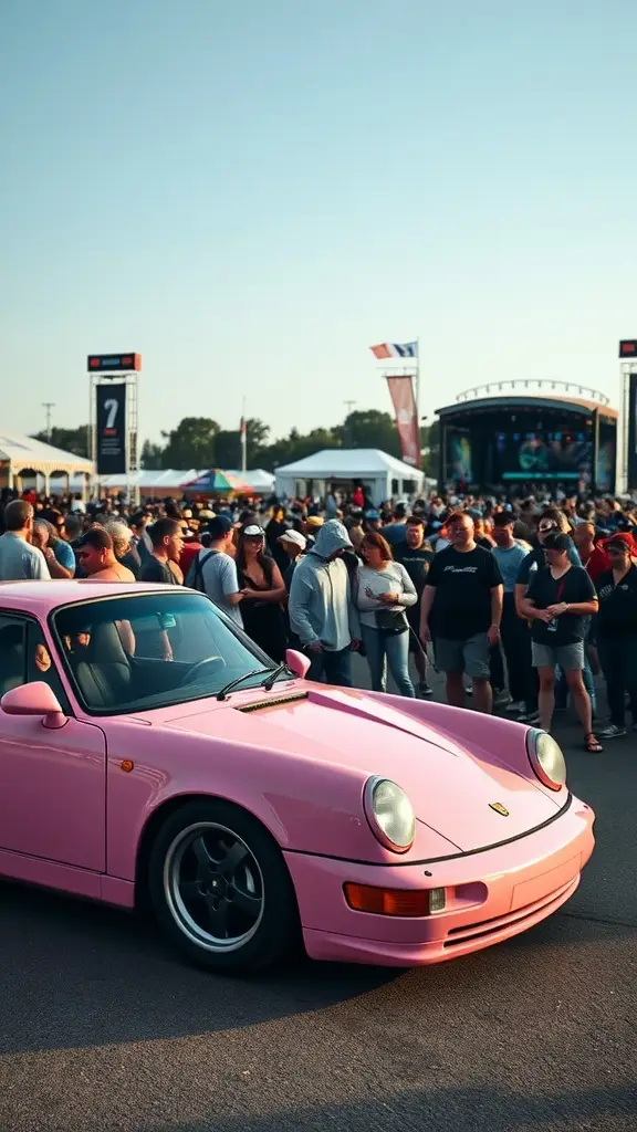 A pink Porsche 911 parked at a music festival with a crowd in the background.