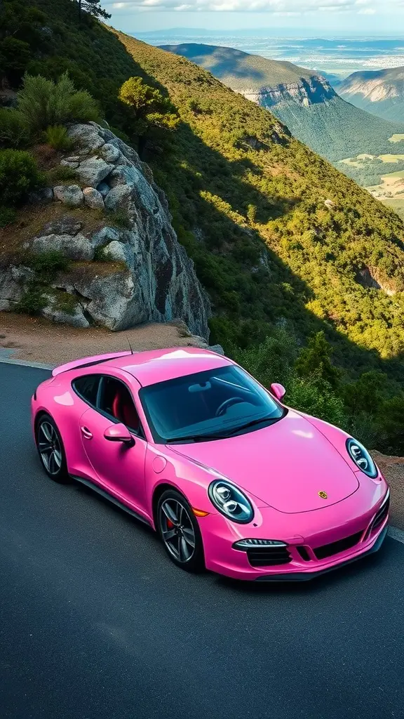 Pink Porsche 911 parked with a suitcase on top against a mountainous background.