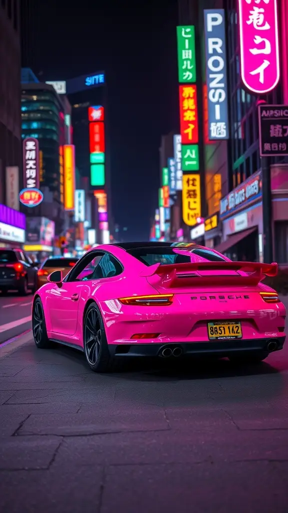 A pink Porsche 911 parked in a lively cityscape at night, illuminated by colorful neon lights.