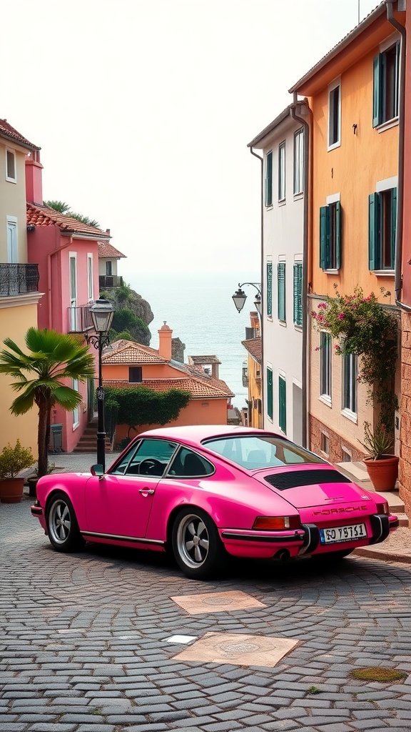 A pink Porsche 911 parked on a cobblestone street in a coastal village, surrounded by colorful buildings and a sea view.
