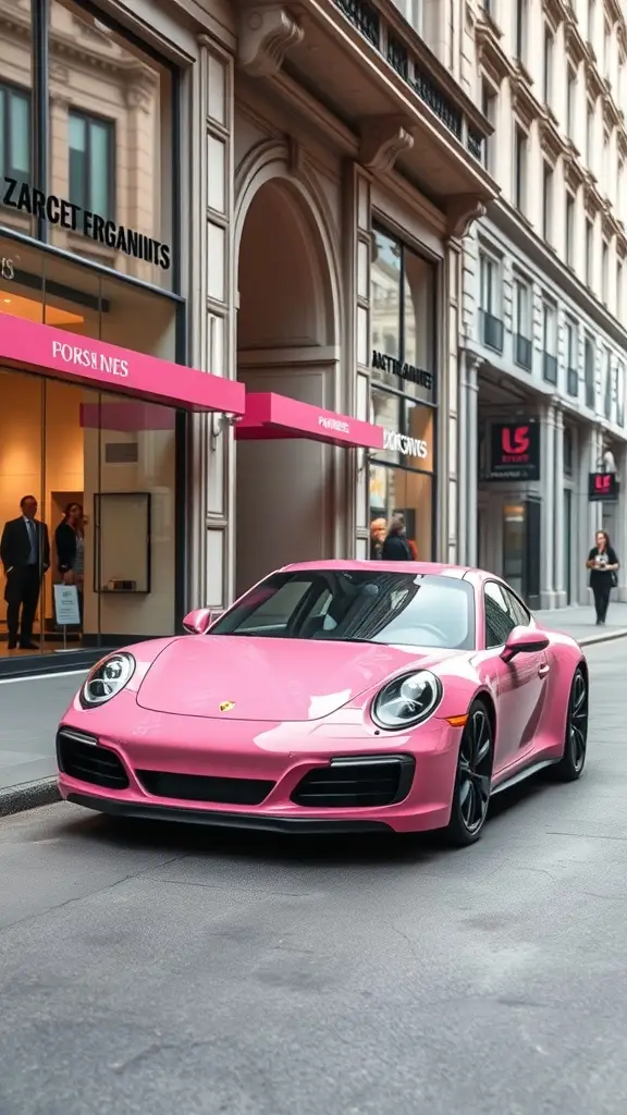 A pink Porsche 911 parked in a high-end shopping district with elegant storefronts.