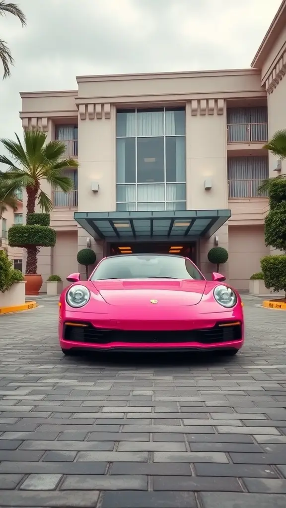 A pink Porsche 911 parked in a luxury hotel driveway with palm trees and modern architecture.