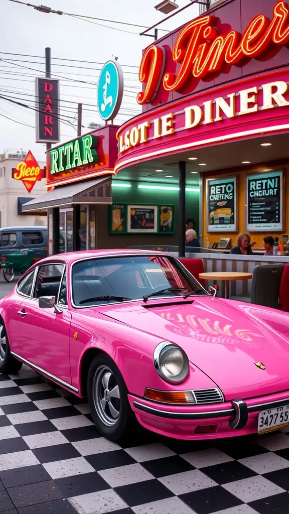Pink Porsche 911 in a retro diner setting with checkered floor and neon lights.