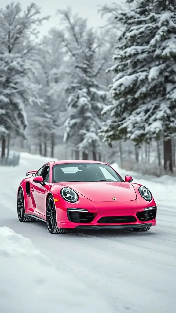 A pink Porsche 911 parked in a snowy landscape surrounded by snow-covered trees.