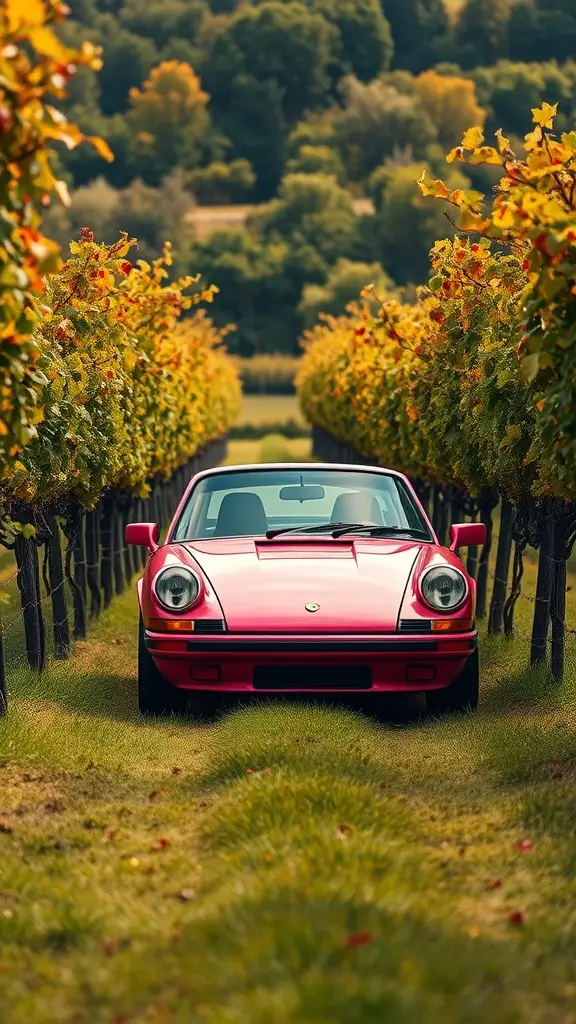A pink Porsche 911 parked in a vineyard with rows of grapevines.
