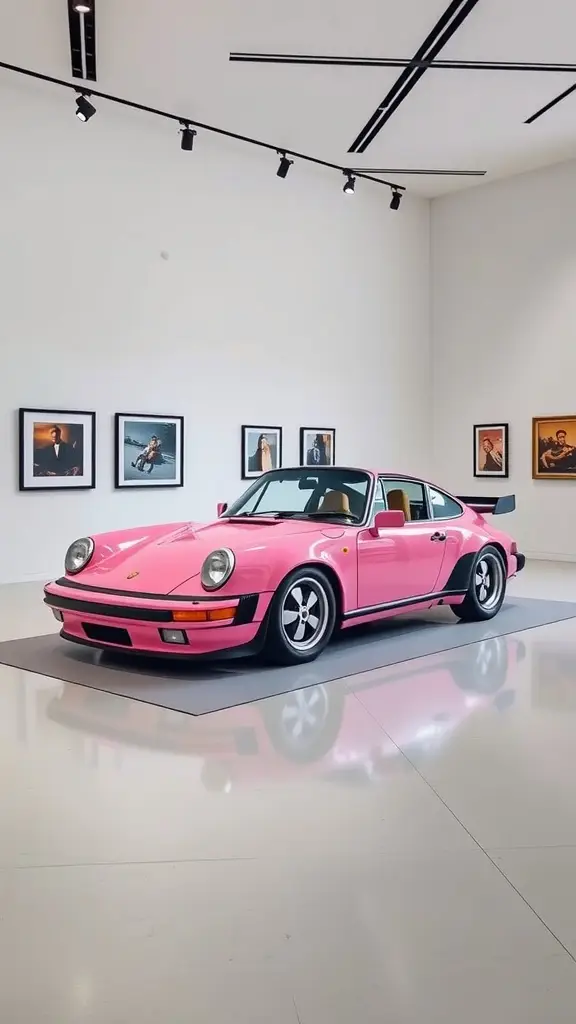 A pink Porsche 911 displayed in an art installation with paintings in the background.