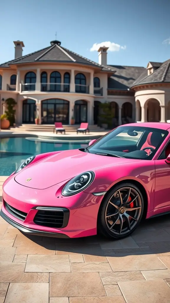 A pink Porsche 911 parked in front of a luxury villa with a pool.