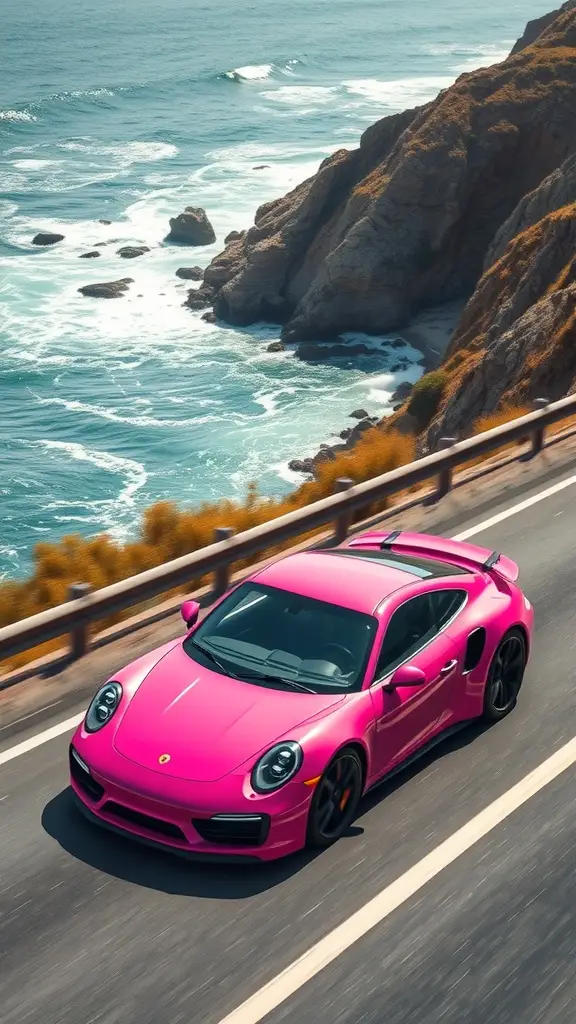 Pink Porsche 911 on a coastal highway with ocean views.