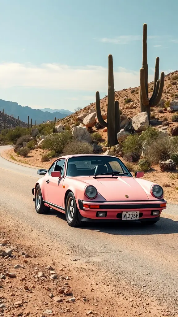 A pink Porsche 911 parked on a curved desert road surrounded by cacti and rocky terrain.
