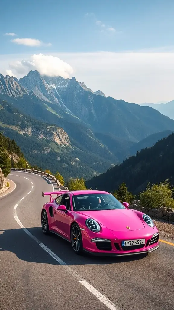 A pink Porsche 911 driving along a twisting mountain road with scenic views.