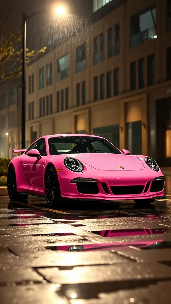 A pink Porsche 911 parked on a rainy street with reflections on the wet pavement.