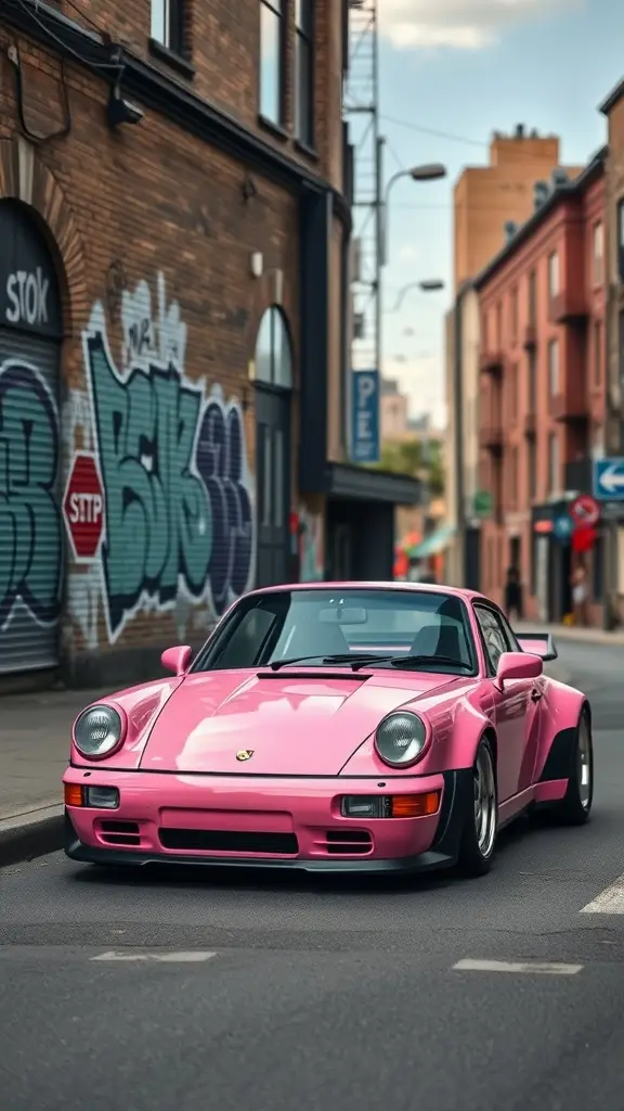 A pink Porsche 911 parked on an urban street with graffiti on buildings.