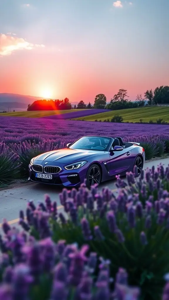 A purple BMW Z4 parked in lavender fields, surrounded by blooming lavender flowers.