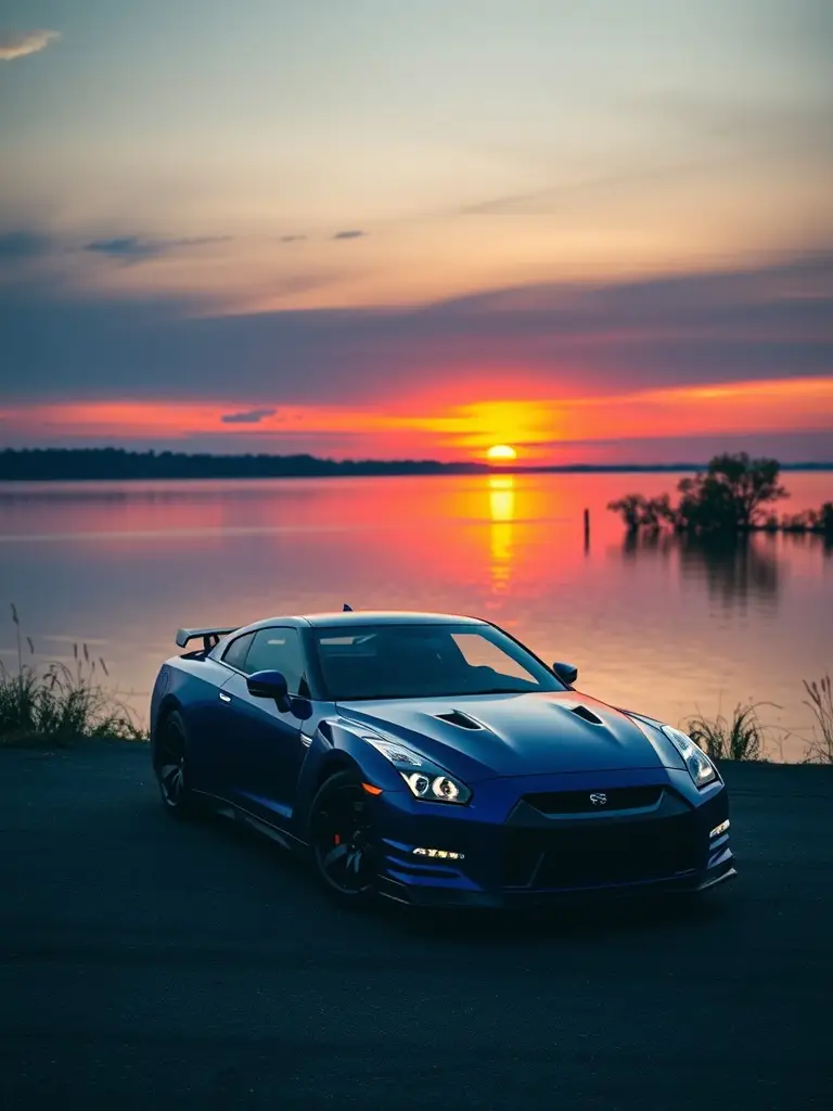 A purple Nissan GTR parked by a lakeside during sunset, with colorful sky reflections in the water.