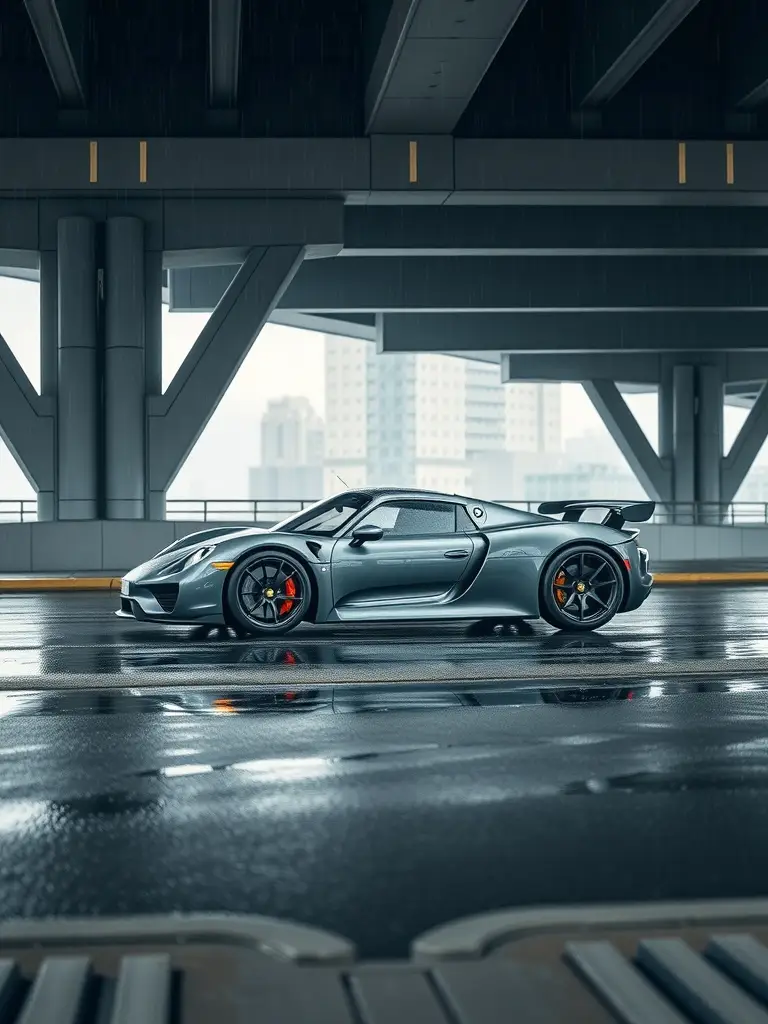 Porsche 918 Spyder parked under a bridge on a rainy day, reflecting on wet pavement.