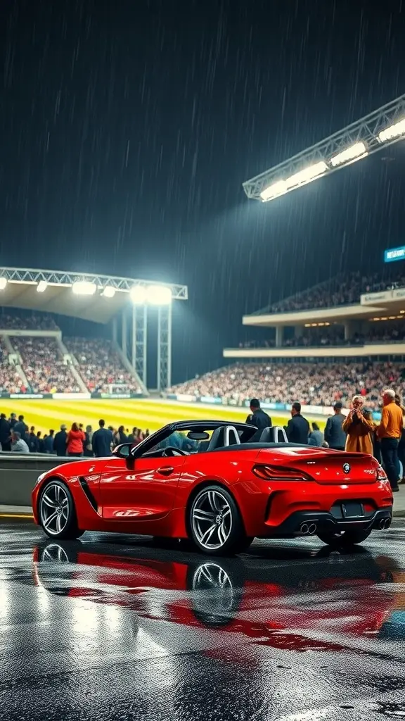 Red BMW Z4 at a sport event with a cheering crowd and flags.