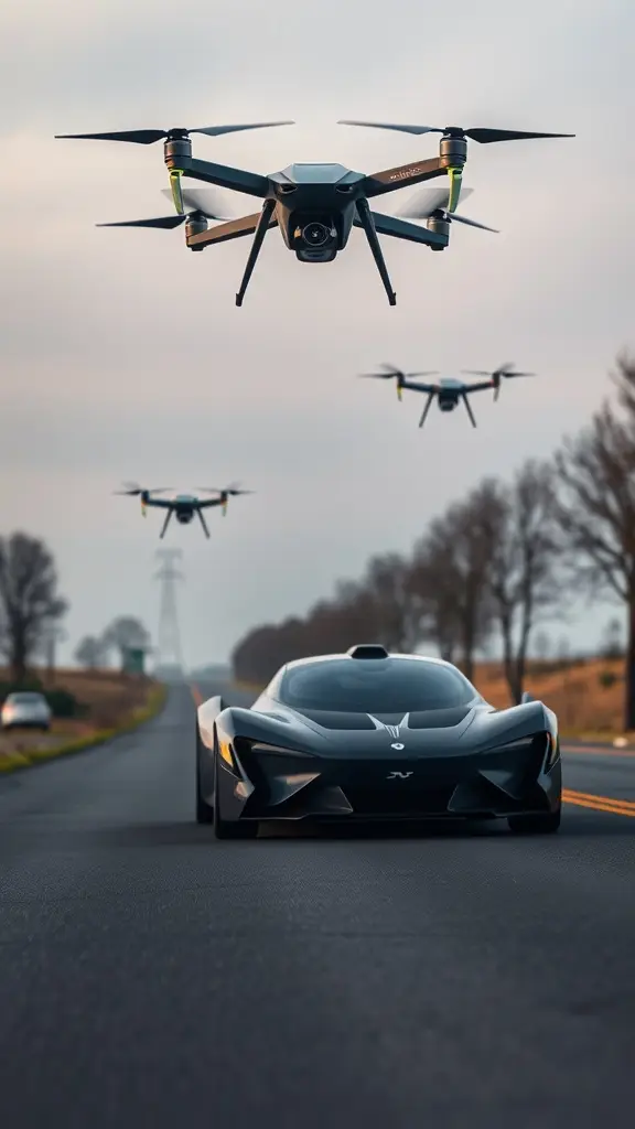 Rimac Nevera driving with autonomous drones flying overhead.