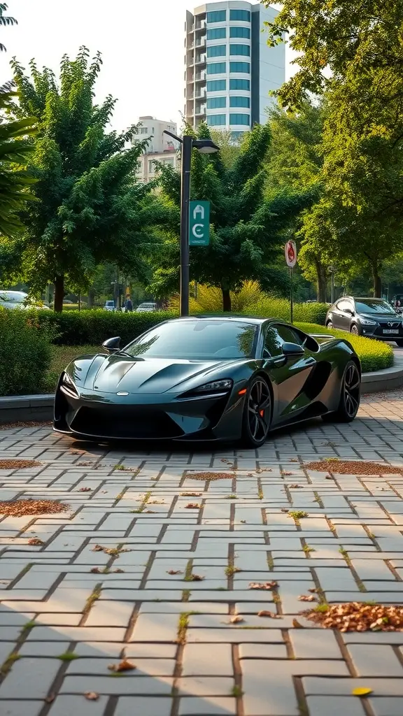 Rimac Nevera parked in a green urban landscape with trees and modern buildings.