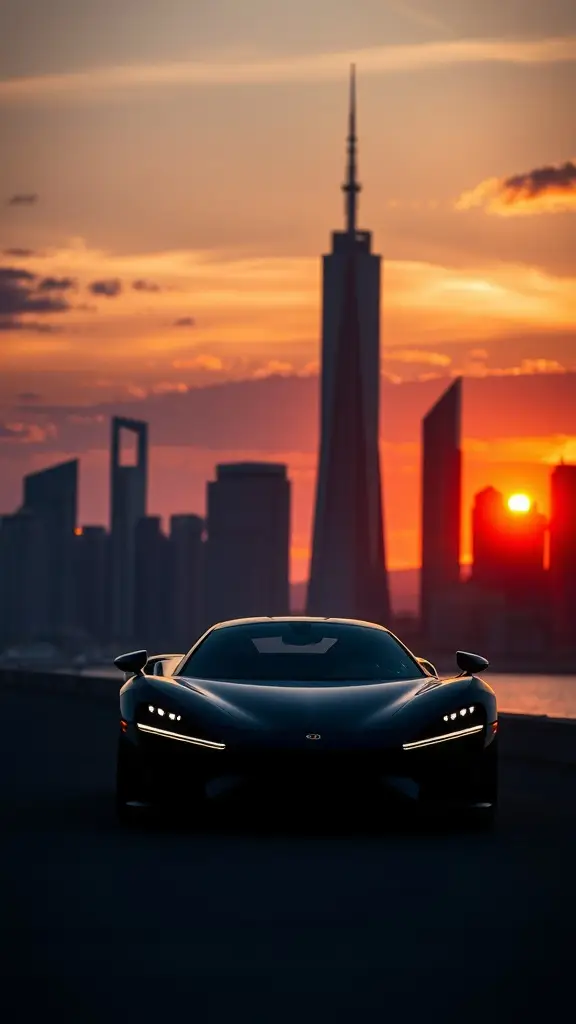 Rimac Nevera in an urban skyline at sunset with skyscrapers in the background.