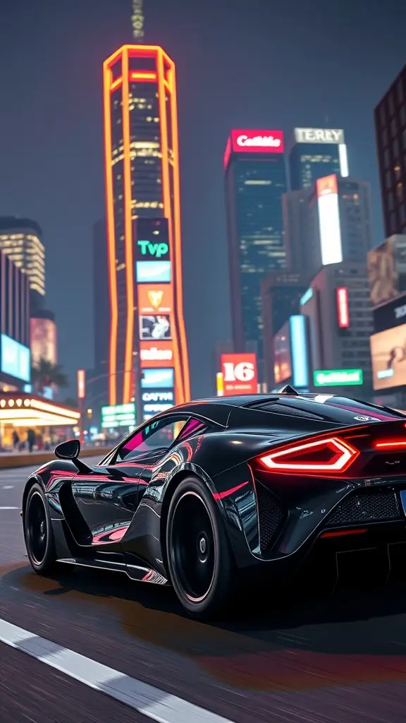 Rimac Nevera driving on neon city streets at night.