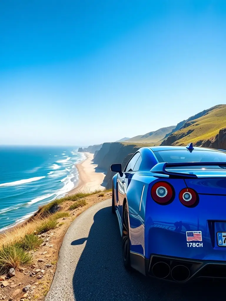 A Royal Blue Nissan GTR parked on a sandy beach near the ocean.