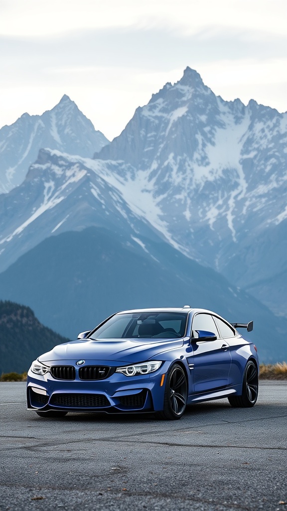 A Royal Purple BMW M4 parked in front of snow-capped mountain peaks.