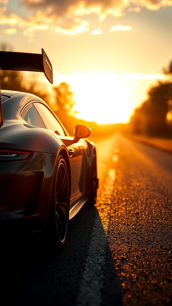 Pink Porsche 911 GT3 RS parked on a winding road during a sunset in the countryside.