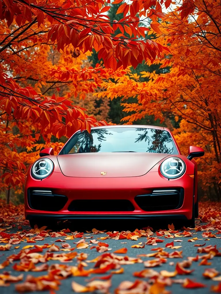 A Rustic Red Matte Porsche 911 Turbo S surrounded by autumn leaves.