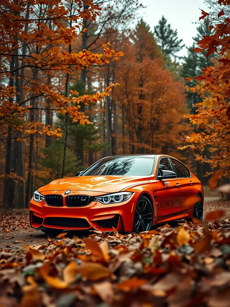 A BMW M3 in Sakhir Orange parked among vibrant autumn foliage.